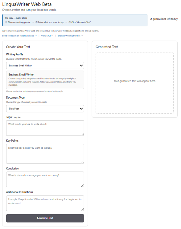 LinguaWriter Web English writing screen